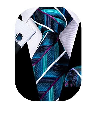 Barry.Wang Classic Stripe Men Ties Set Silk Necktie Set Woven Fashion Hanky Cuff Links Prom Party