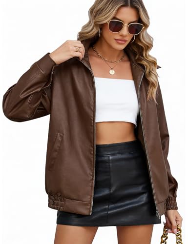 Image of CMTOP Leather Jacket for Women Faux Leather PU Women's Jackets, Casual Fashion and Classic Street Jacket Zip Up Biker Jacket Outwear with Pockets for Spring Autumn(Brown,XXL
