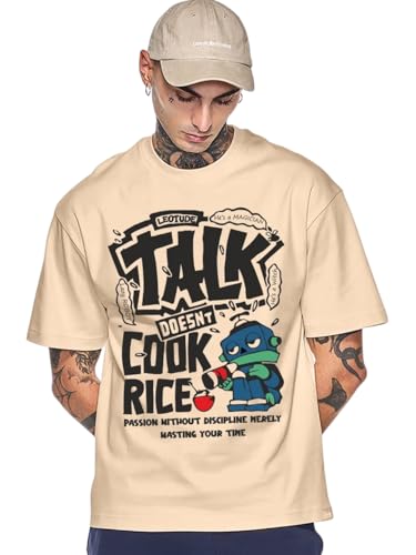Image of LEOTUDE Half Sleeve Oversized Tshirt for Men, Round Neck Cottonblend Drop Shoulder Printed T-Shirt (Black Color)
