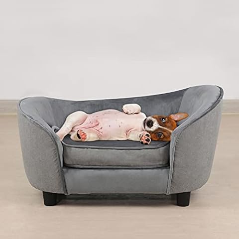 Pet Sofa Bed, Velvet & Linen Fabric Pet Couch Chair with Removeable & Washable Cushion for Small Dogs Cats (Light Gray) Cover