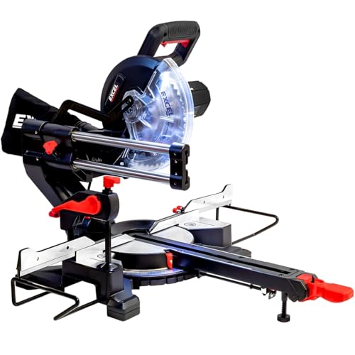 Excel 216mm Sliding Mitre Saw 240V, 1700W with LED Light, 48T Blade, Dust Bag & Extension Arms – Powerful, Precise Crosscut & Bevel Cutting Tool for Wood, MDF, and Plastic