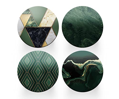 Lot de 4 dessous de verre ronds Art Déco - Agate verte effet marbre - Thème femme - pendaison de crémaillère - Décoration de cuisine - Cadeau #80168