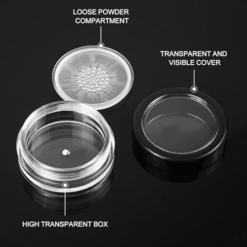 15pcs 10ml/0.34oz Plastic Empty Travel Small Loose Powder Compact Refillable Loose Powder Containers Reusable No Leak Compact with Rotatable Sifter and Black Screw Lid3