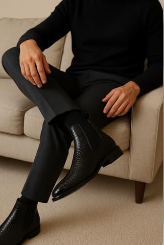 Image of Men's Leather Chelsea Boots | Ankle Boots with Textured Finish Formal & Smart Casual Boots | Comfortable Fit, Trendy, Stylish Boots | Leather Boots for Office /Fashionable