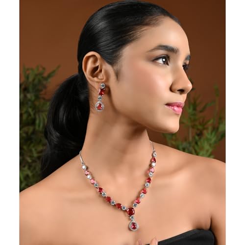 Image of I Jewels Silver Plated Cubic Zirconia American Diamond Valentines Special Necklace & Drop Earrings Jewellery Set for Women