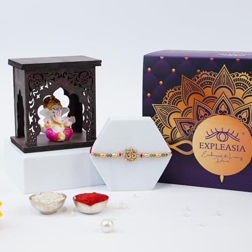 Image of EXPLEASIA Mukut Ganesha Idol with Wooden Temple with Rakhi for Home mandir Temple Car Dashboard Gift Items Festival Item showpiece
