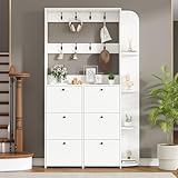 ZKLOEP Perchero de pie 120 x 24 x 200 cm, 3 en 1 multifuncional zapatero, puerta plegable, 8 ganchos, armario compacto, armario de salón con 5 estantes, color blanco