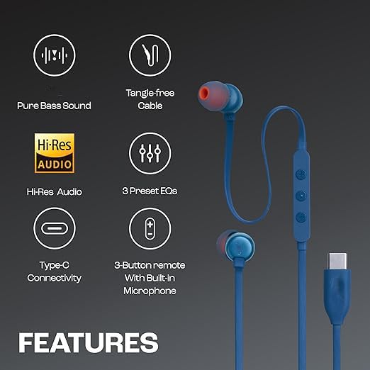 Image of Original Type C Earphone for JBL Tune 310 C, Hi-Res Audio with DAC, 3-Button EQ Remote with Mic, Tangle-Free Compatible with USB-C Devices - Blue