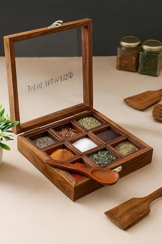 Image of THEHEARTWILL Sheesham Wooden Spice Box with 2 Spoons | Wooden Masala Box for Kitchen with Removable Partitions | Spice Box Wooden Namak Dani | Wood Masala Dabba Dani Container, Brown. (Masala dabba)