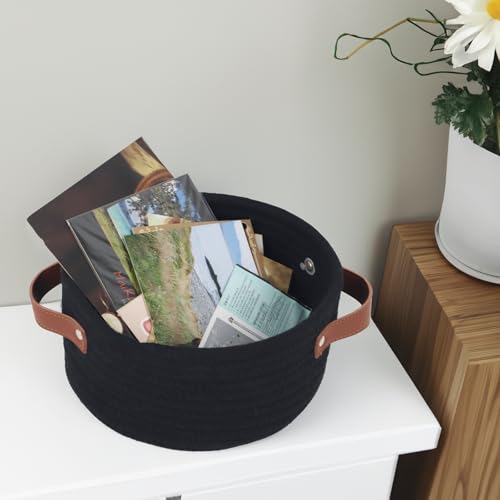 Image of Small Woven Basket, Cute Mini Cotton Rope Storage Basket with leather handle, Tiny Decorative Round Storage Bin, Boho Empty Gift Baskets for Organizing, Toy Organizer for Nursery (Black)