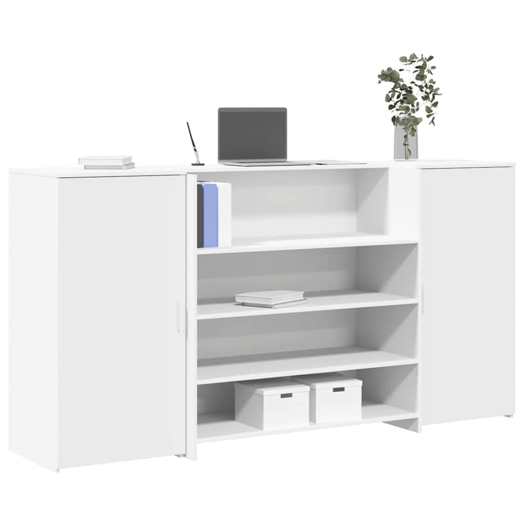 Mesa de recepción blanca de 200 x 50 x 103,5 cm, material de madera, mesa de oficina con armario y gran espacio de almacenamiento, diseño moderno para oficina, consulta, hotel, salón