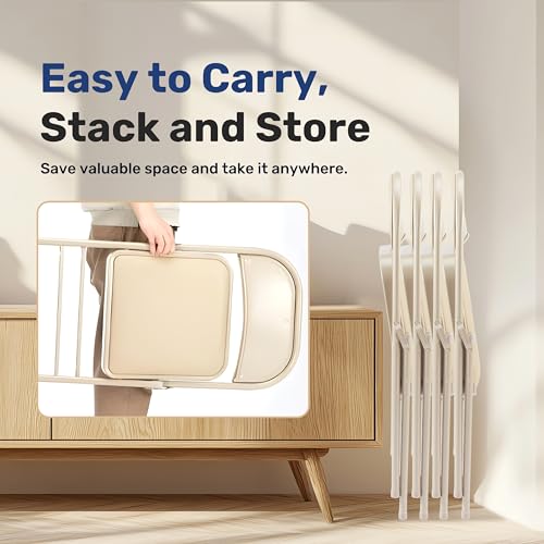 Image of Simple Deluxe Dining Chairs Set of 4, Leather Cushion Foldable Contemporary Kitchen Side Chair with Padded Back & Sturdy Metal Legs, Upholstered Seat for Home /Living Room /Bedroom /Cafe, Tan