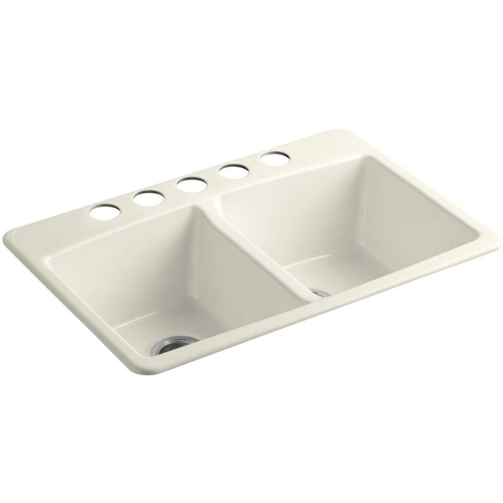 KOHLER K-5846-5U-96 Brookfield Under-Mount Double-Equal Bowl Kitchen Sink with 5 Oversized Faucet Holes, Biscuit