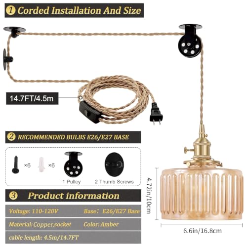 Image of Shenmoyl Plug in Pendant Light Hanging Light Fixture Corded On /Off Switch Brass Pendant Light with Amber Striped Glass Lampshade for Bedroom Living Room Kitchen Island