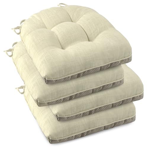OVOV Indoor Chair Cushions for Dining Chairs Set of 4 Chair Cushion with Ties and Non-Slip Backing Tufted Kitchen Chair Pads Made of Breathable Faux Linen Fabric 46x46x8cm/18x18x3inch (Beige)