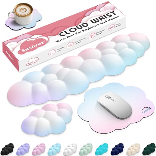 Image of Sushret Cloud Wrist Rest for Computer Keyboard and Mouse Pad Set, Rainbow | Memory Foam, Leather, 4-in-1 Cloud Keyboard Wrist Rest Set with Ergonomic Support for Arm and Palm Cushion, Gaming /Work Setup