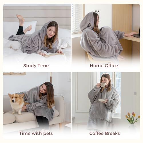 Good Nite kuscheldecke mit Ärmeln Hoodie Decke mit Ärmeln Pullover Decke Damen Kapuzenpulli in Übergröße mit Taschen Sherpa Snuggle Blankets Grau