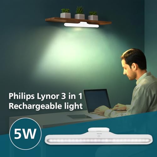 Image of Philips 5W Lynor White Rechargeable LED Desk Light | 3-in-1 Study, Cabinet & Emergency Light | EyeComfort Technology | Adjustable Design | Energy Efficient LED for Study and Cabinet | Pack of 1