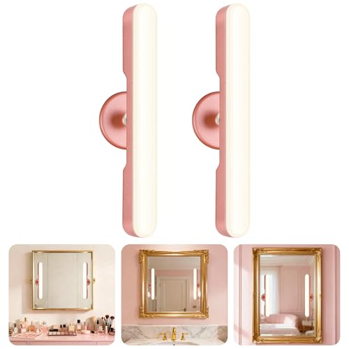 Set of 2 Wireless Vanity Makeup Lights for Mirror, Rechargeable LED Stick On Light Bar for Bathroom Mirror with Dimmable 3 CCT, Long Battery Life Cordless Light Valentine’s Day gift for Women(Pink)