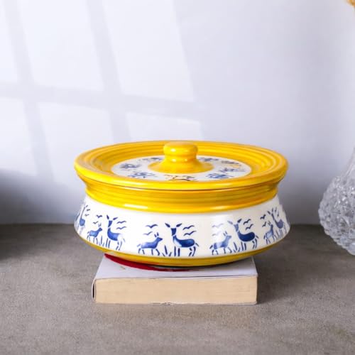 Image of Niyara Blue Deer Design Ceramic Casserole with Yellow Line Border | Multipurpose Serving Bowl with Lid | Microwave Safe (Set of 3, Sizes: 1000ML, 650ML, 550ML)