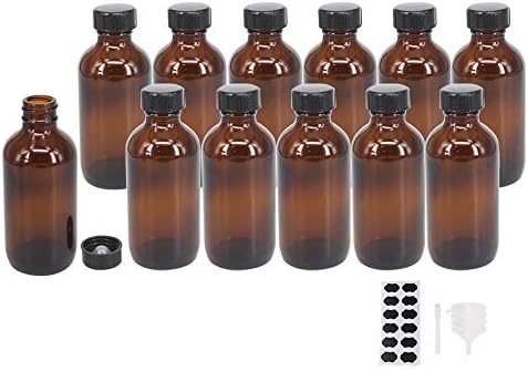 BPFY 12 Pack 4 oz Amber Boston Glass Bottle with Black Poly Cap, Funnel, Chalk Labels, Pen for Homemade Vanilla Extract, Essential Oils, Herbal Medicine, Wedding, Christmas, Holiday Gift (Amber)