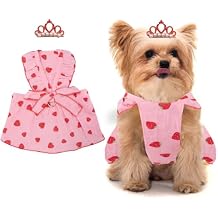 Coppthinktu Dog Dresses for Small Dogs Girl, Puppy Dress Strawberry Print Cat Dress Summer Clothes Bow Skirt with Crown Hair Clip, Small Dog Dress Female Cat Apparel Pet Outfit for Birthday Wedding