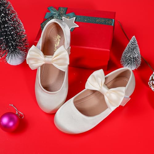 Toddler Girl Dress Shoes Flower Girl Bowknot Mary Jane Ballet Flats Wedding Party School Communion Princess Shoes(Ivory Silk,Little Kid 3) by KDVOG - Image 3