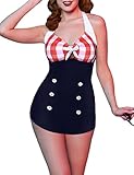 Picture of Ekouaer Women's Sexy Push Up Halter One Piece Swimwear Retro Pin Up Button Bathing Suit Red 4X-Large