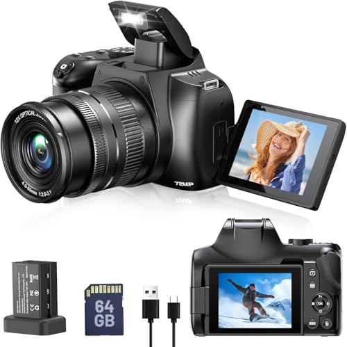 Cámara Digital 4K de 72 MP, Pantalla de 3', rotación de 270°, Zoom óptico de 12x, Flash de xenón, antivibración, Camara vlog, cámara compacta con Wi-Fi y HDMI, Tarjeta SD de 64 GB, 2 baterías
