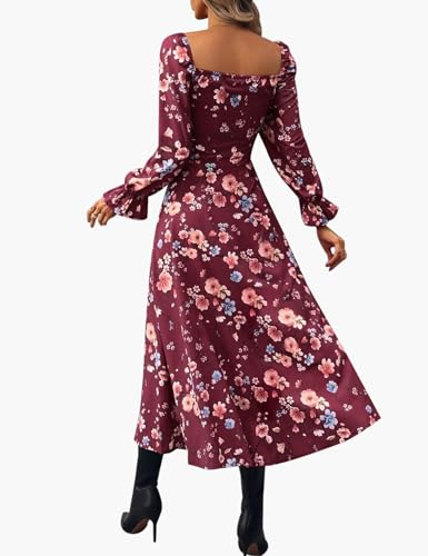 Relipop Women's Floral Puff Long Sleeve Maxi Dress Casual Square Neck Flowy Boho Split A Line Dresses3