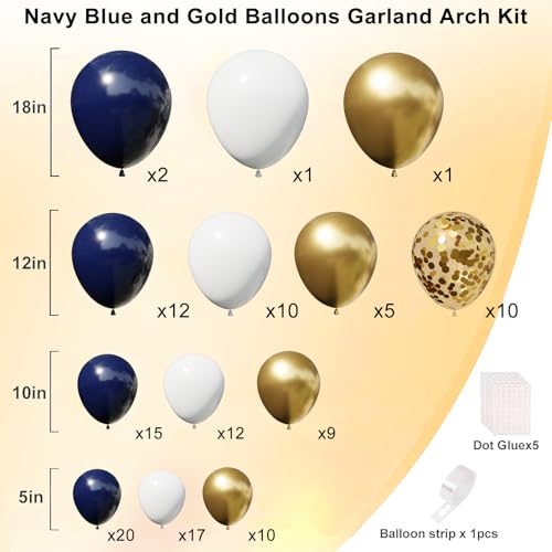Image of Blue and Gold Balloons Garland Arch Kit, Navy Blue and Gold Confetti Balloons for Class 2026 Graduation, Birthday, Retirement, Anniversary, Baby Shower Party Decorations
