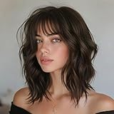 Lativ Dark Brown Wig with Bangs Bob Wigs for Women Short Wavy Curly Shoulder Length Wig 14 Inches Synthetic Heat Resistant Hair for Daily Party Use