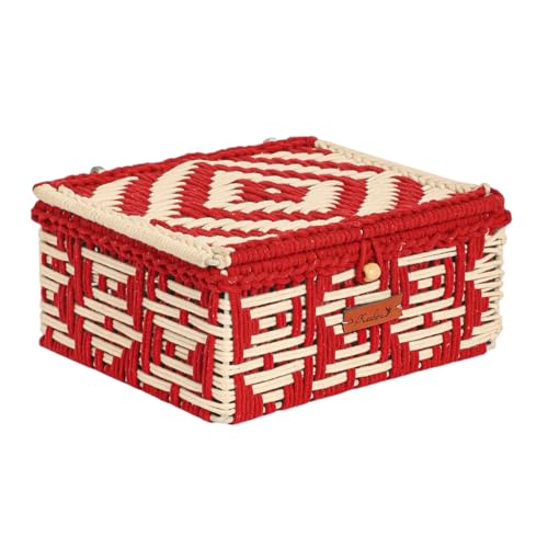 Image of Kaahira Handmade Decorative Storage Box and Organiser | Macrame Gift Hamper Box for Cosmetics, Toiletries & Return Gifts | Aesthetic Rope Woven Organizer (Red and White, Medium - 10x8x4 inches)
