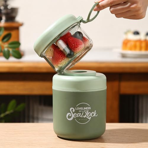Image of 2 Layer Insulated Lunch Box with Airtight Snack Container & Spoon | Leakproof Bento Lunch Jar | 304 Stainless Steel Inner | Portable Food Container for Office, School, Travel (Green - 860ml)
