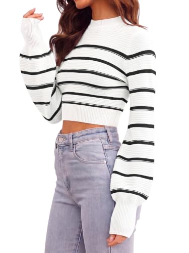 Image of Womens Sexy Crew Neck Cropped Sweaters Knit Long Sleeve Crop Tops Pullover | Ribbed Knit, Long Sleeve, Crop Tops, Pullover,Crew Neck