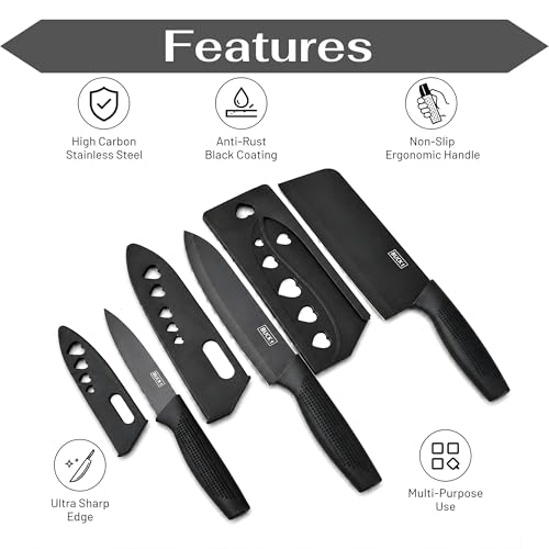 Image of Stainless Steel Kitchen Knife Set 3-Piece with Protective Covers | Sharp Non-Stick Chef, Utility & Paring Knives | Ergonomic Non-Slip Handle for Vegetable, Fruit & Meat Cutting | Black