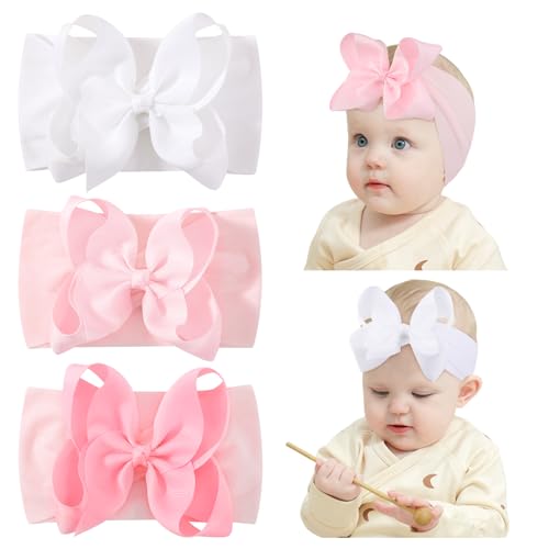 3pcs Baby Headbands Bows Girls Headbands Elastic Nylon Hairbands Ribbon Bow Hair Accessories for Newborns Infants Toddlers and Kids Pink White