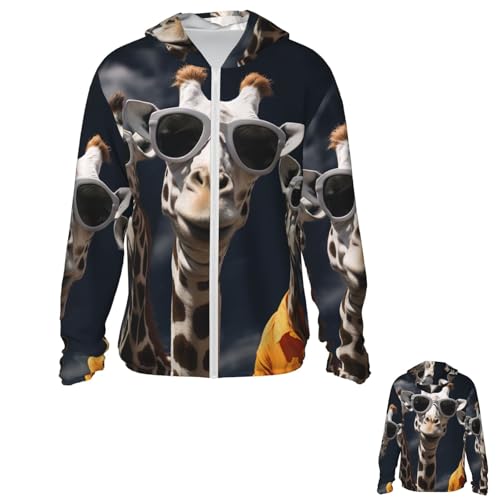 Three Giraffes Wearing Sunglasses Sun Protection Hoodie Jacket UPF 50+ Full Zip Long Sleeve Sun Shirts with Pockets Rash Guard Large Black