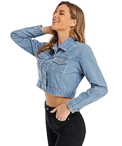 PEIQI Women’s Cropped Jean Denim Jacket Button Down Long Sleeve with Pockets4