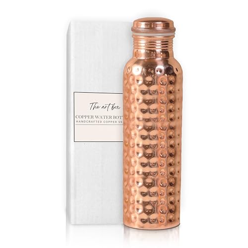 THE ART BOX Bouteille d'eau en cuivre martelé de 950 ml – Grand design ayurvédique avec couvercle anti-fuite et fond antidérapant pour boire, voyage, sport, fitness et yoga
