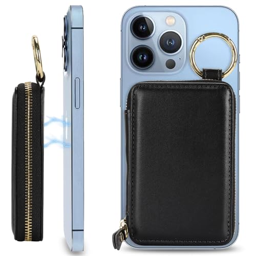 Image of Compatible with MagSafe Wallet,Magnetic Phone Wallet Card Holder for iPhone 17 /16 Pro Max /15 plus /14 Pro /13 /12 Series,PU Leather Zipper Pocket Adjustable Stand-Black