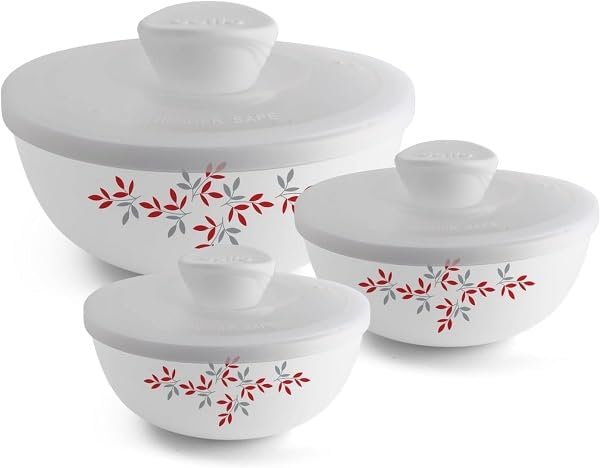 Opalware Twilight Floral Mixing Bowls with Lid For Home Kitchen, Hotel, Gifting (pack Of 3) (500ml, 1000ml, 1500ml), White
