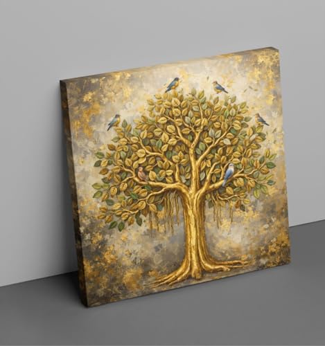 Image of Kunj Cart Kalpavriksha Tree Painting | 8+ DESIGNS | Kalpvriksh Tree Wall Painting | Lucky Tree Wall Art For Living Room, Bedroom and Office Decor | Canvas Painting for Wall Decoration (Design - G, 12x12 Inch, Framed)