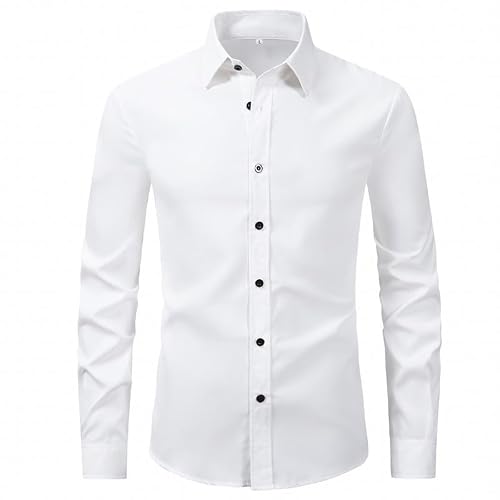 Men's Long Sleeved Lapel Collar Solid Color Shirt Wrinkle Free Stretch Business Dress Shirts Regular Fit Tops, White, Large-6X-Large