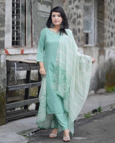 Image of ANNI DESIGNER Women's Cotton Blend Printed Straight Kurta with Pant & Dupatta