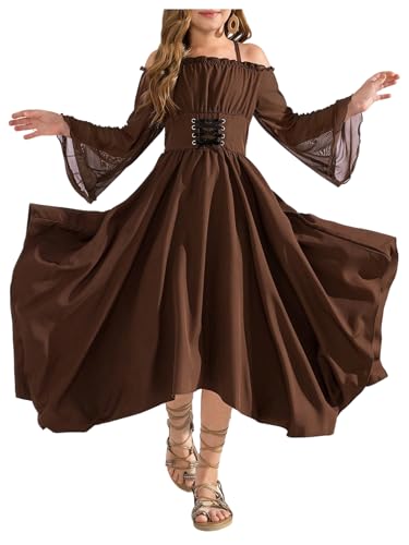 Verdusa Tween Girls Dress Ruffle Lace Up Corset Dress Flare Sleeve Asymmetrical Long Flowy Dresses