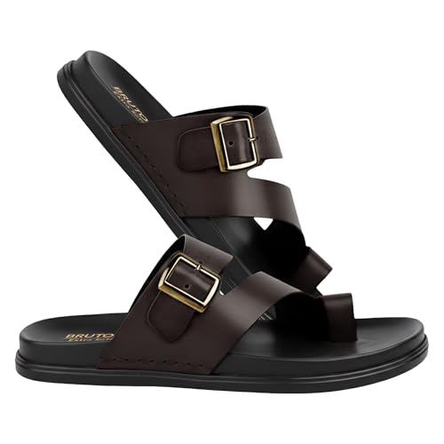 Image of Men's Premium Leather Toe Loop Slippers | Adjustable Buckle Slip-On Flats | Comfortable Cushioned Footbed | Casual Summer Beach Walking Slippers | Brown