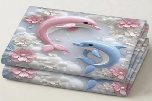 Image of RUMPS 7D Digital Dolphin Bedsheet with 2 Pillow Covers, King Size Flat Bedsheet 90x100 Inch, Cute Cartoon Dolphin Printed Bedsheet