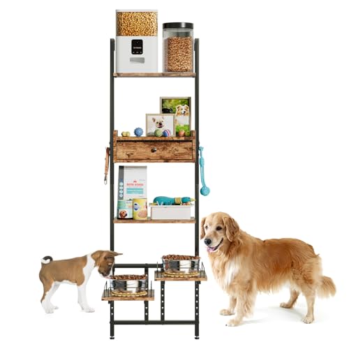 LitaiL Hundenapf Erhöht mit Stauraum und Zwei Anti-Rutsch Matten, Erhöhter Hundenapf für große Hunde, individuell höhenverstellbar, wandmontage, Farbe in Vintagebraun