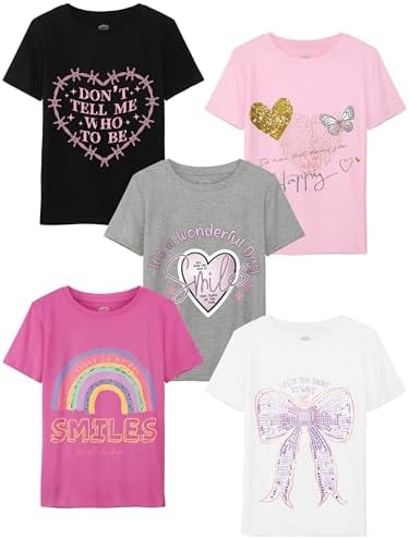 NUVORO 5 Pack Girls Shirts Cotton Graphic Shirts for Girls Short Sleeve T-Shirts Kids Summer Top Tshirts Clothes Color A, M